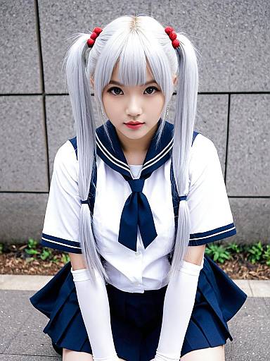Silver Haired Woman in Japanese Sailor School Uniform Cosplay