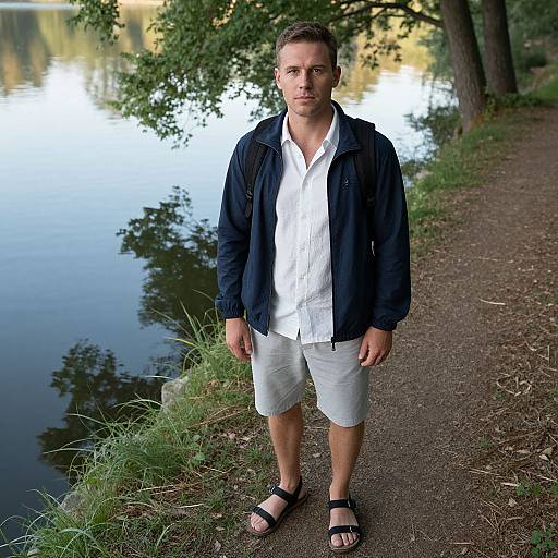 Young Man by Riverside Walking Trail in Casual Summer Outfit