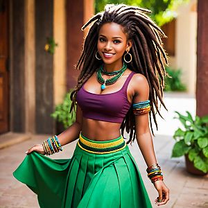 Joyful Woman with Dreadlocks in Purple Crop Top and Green Skirt