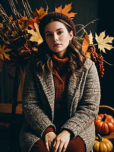 Woman in Vintage Cozy Fall Outfit Dramatic Studio Portrait with Autumn Decor