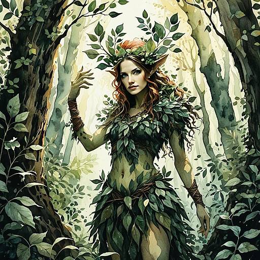 Fantasy Elf Woman in Leafy Outfit in Enchanted Forest Illustration