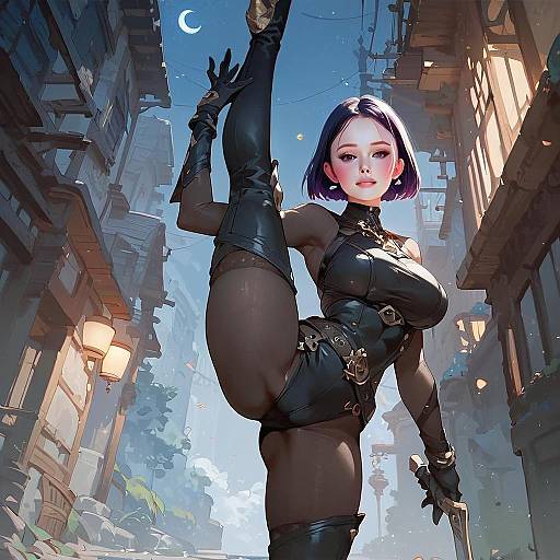 Anime Style Woman in Black Outfit with Thigh-High Boots in Fantasy Urban Setting