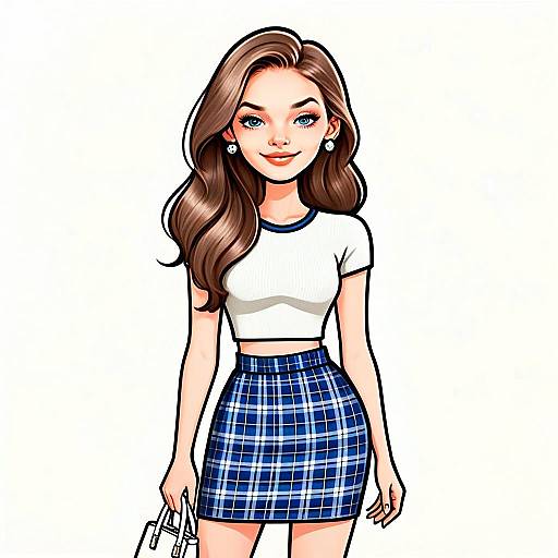 Modern Preppy Woman with Pretty Face and Hair Wearing Blue Plaid Skirt