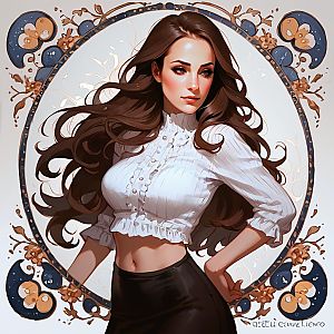 Confident Young Woman in Stylish Outfit with Art Nouveau Design