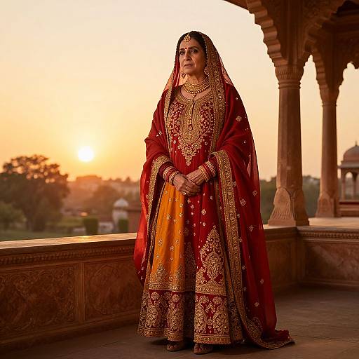 Traditional Indian Woman in Ornate Red and Orange Ethnic Attire at Sunset
