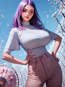Stylized Digital Illustration of Young Woman with Purple Hair Outdoors