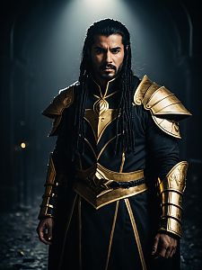 Man in Realistic Naganadel Cosplay Costume with Gold Armor
