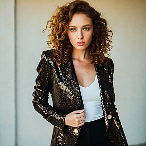 Confident Woman in Black and Gold Sequined Blazer