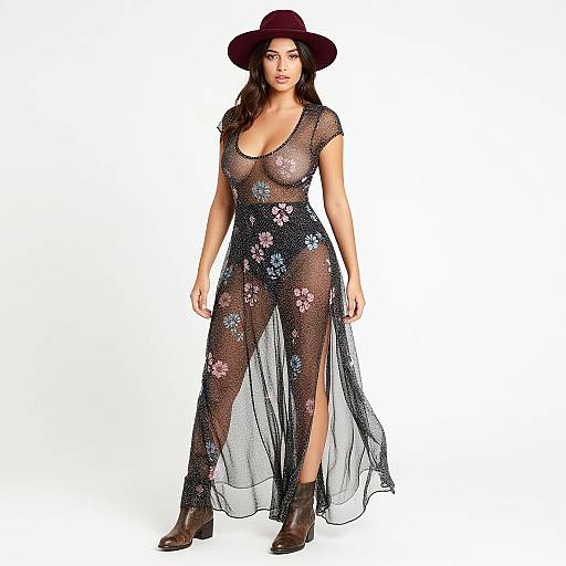 Sheer Floral Maxi Dress with Burgundy Hat and Brown Boots