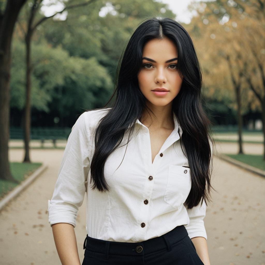 Confident Woman in White Shirt Outdoors in Autumn Park