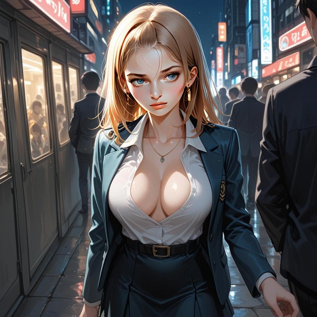 Anime Style Young Woman Walking in Neon-Lit Urban Night Scene