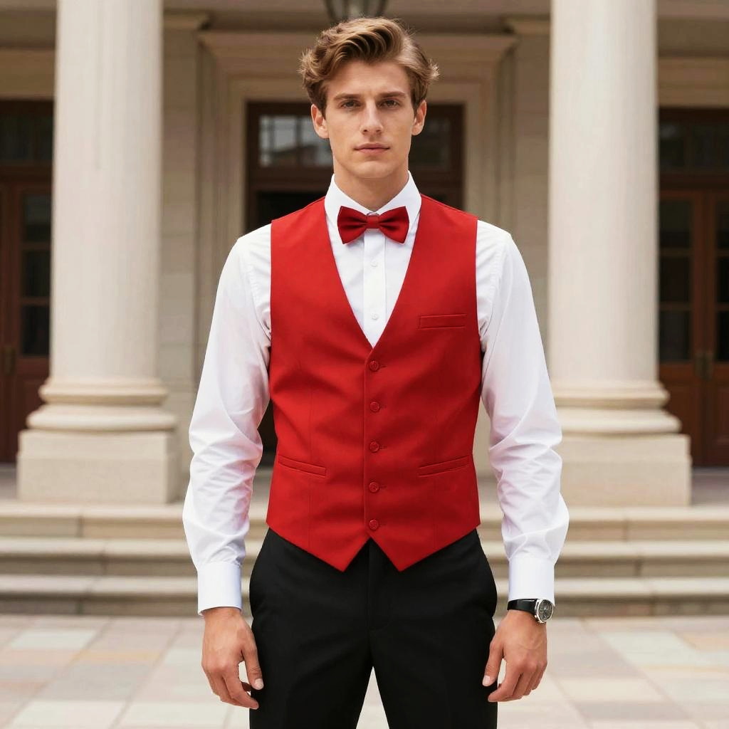 Man in Red Vest and Bow Tie Formal Outfit Standing Outdoors