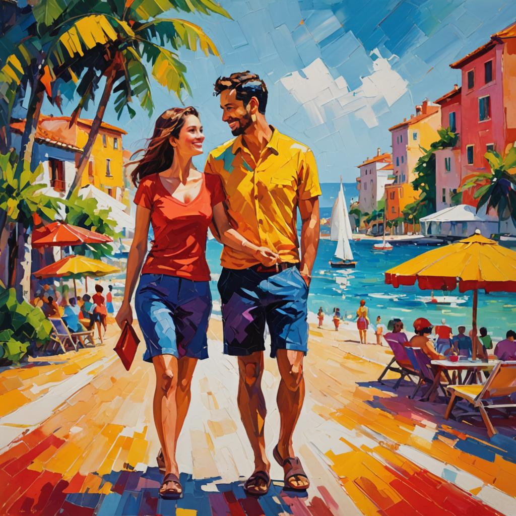 Impressionist Painting of Couple on Beach Promenade