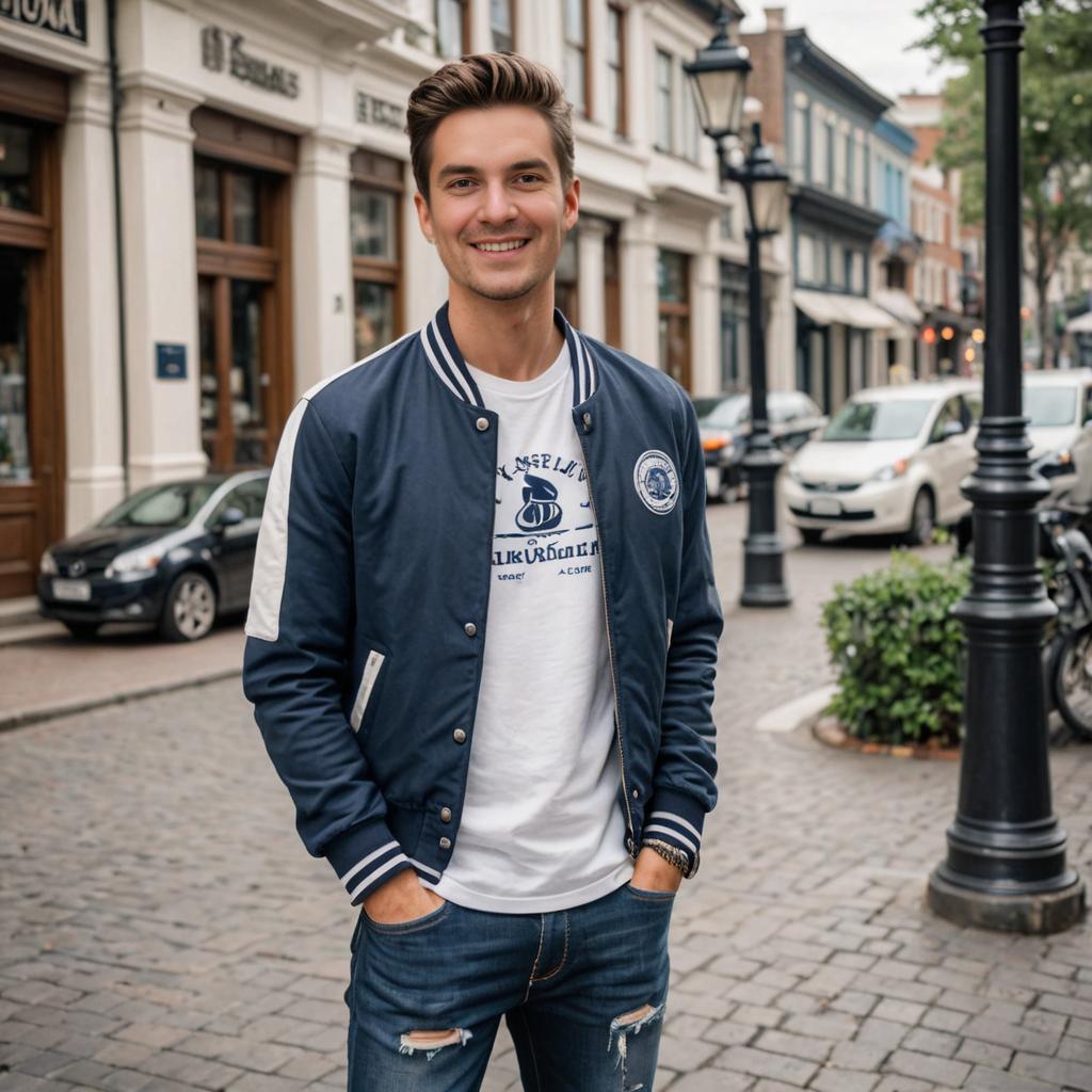 Smiling Man in Trendy Casual Attire on City Street