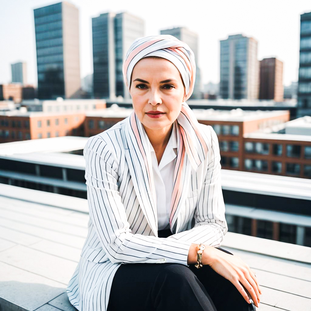 Confident Woman in Striped Blazer on Rooftop