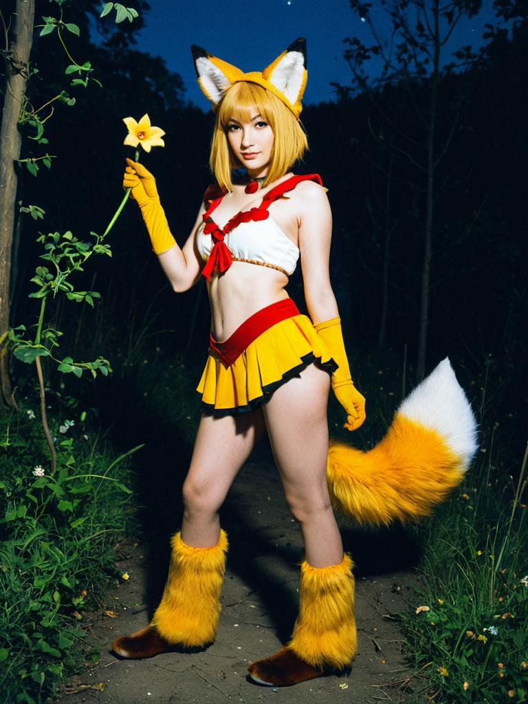 Moonlight Fox Cosplay Woman Holding Yellow Flower Night Forest