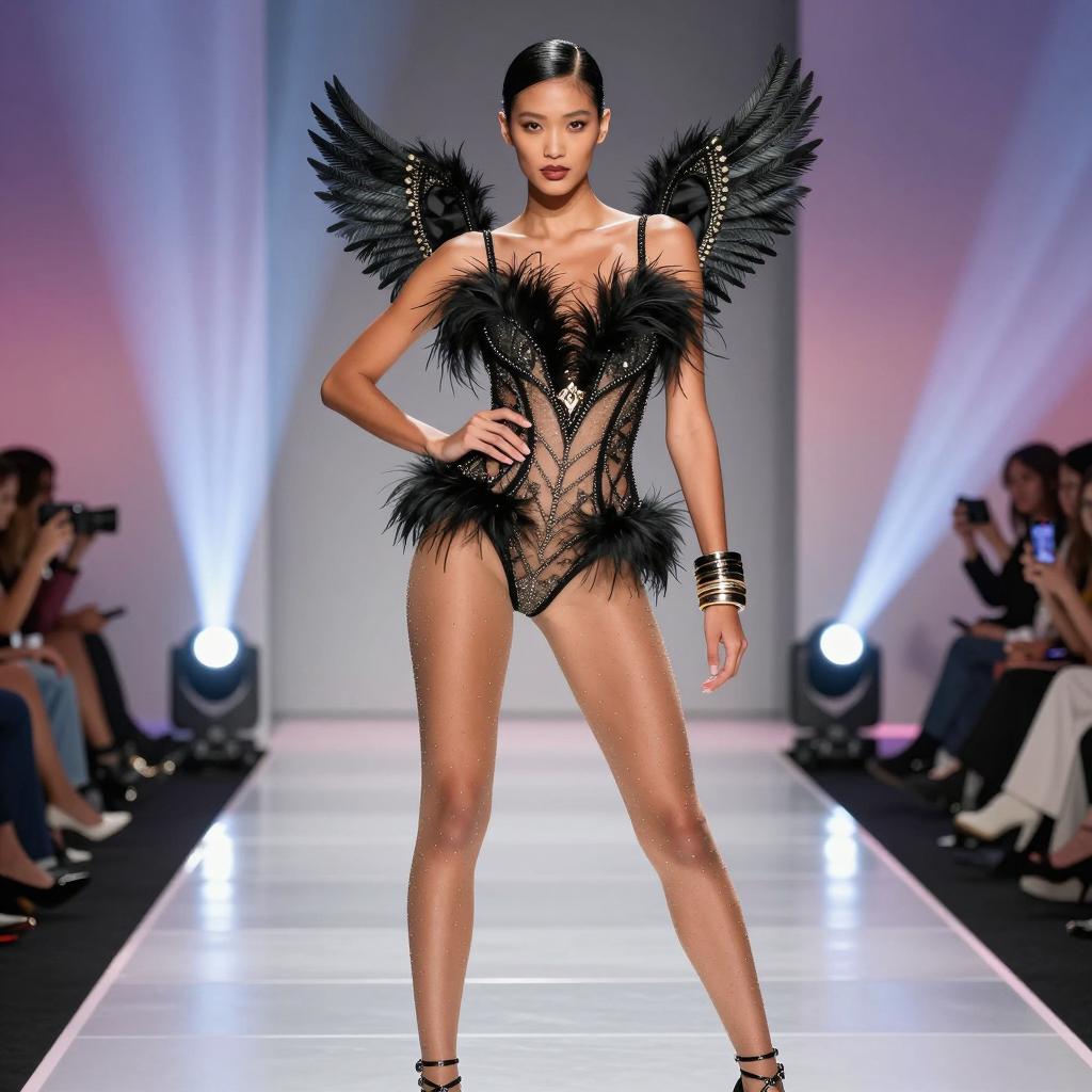 High Fashion Model Wearing Black Feathered Bodysuit with Wings on Runway