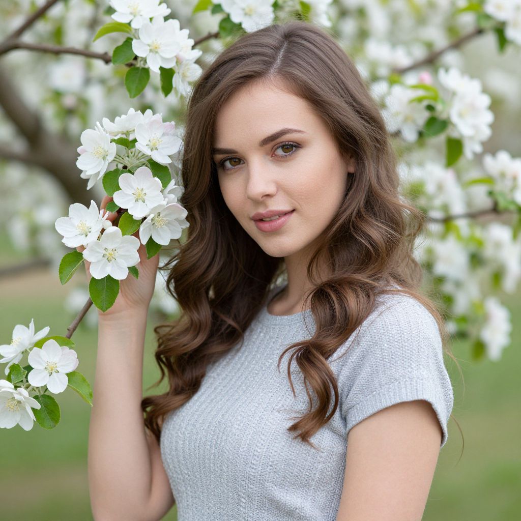 Young Woman with Curly Hair Among White Blossoms Outdoors