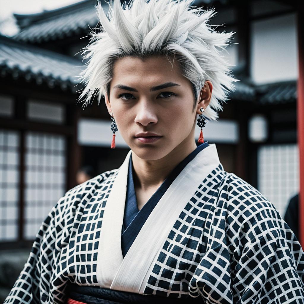 Man with White Spiky Hair in Kimono