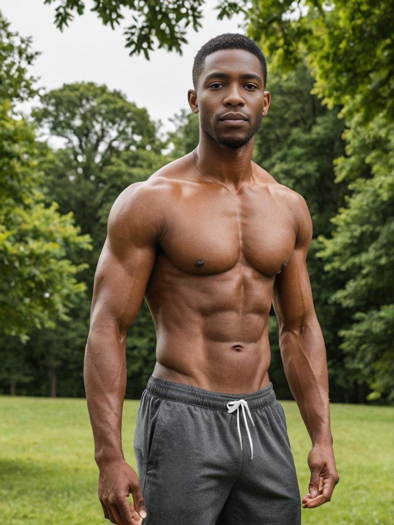 Confident Man with Defined Abs in Nature