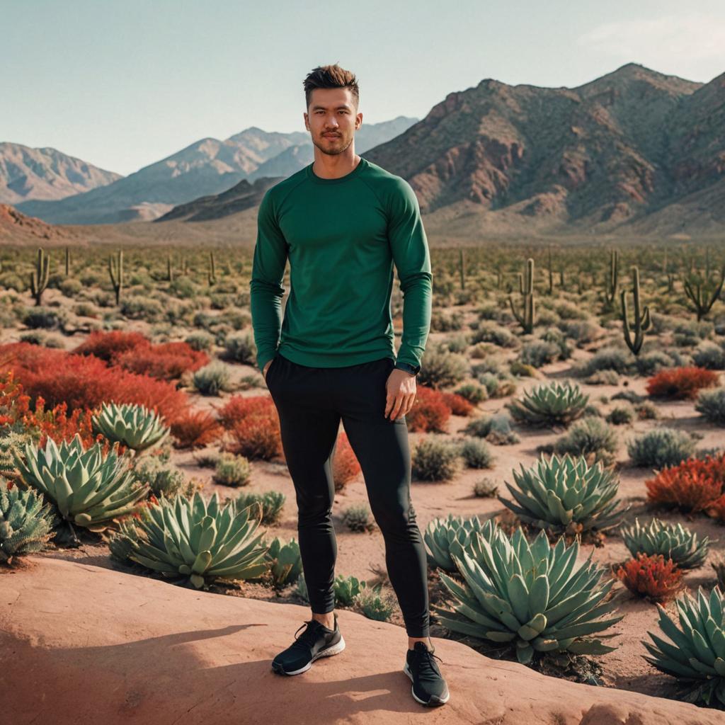 Confident Man in Desert Landscape with Cacti