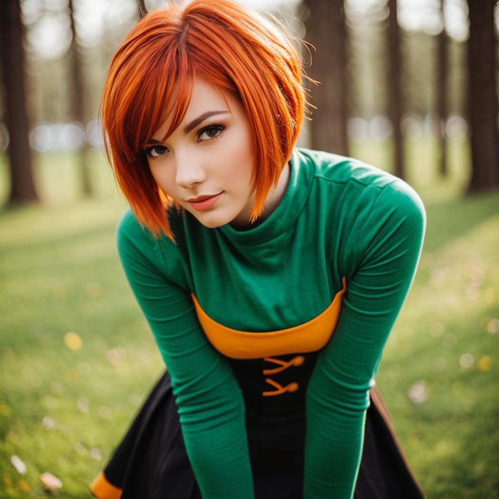 Portrait of Red-Haired Woman in Green and Orange Outfit Outdoors
