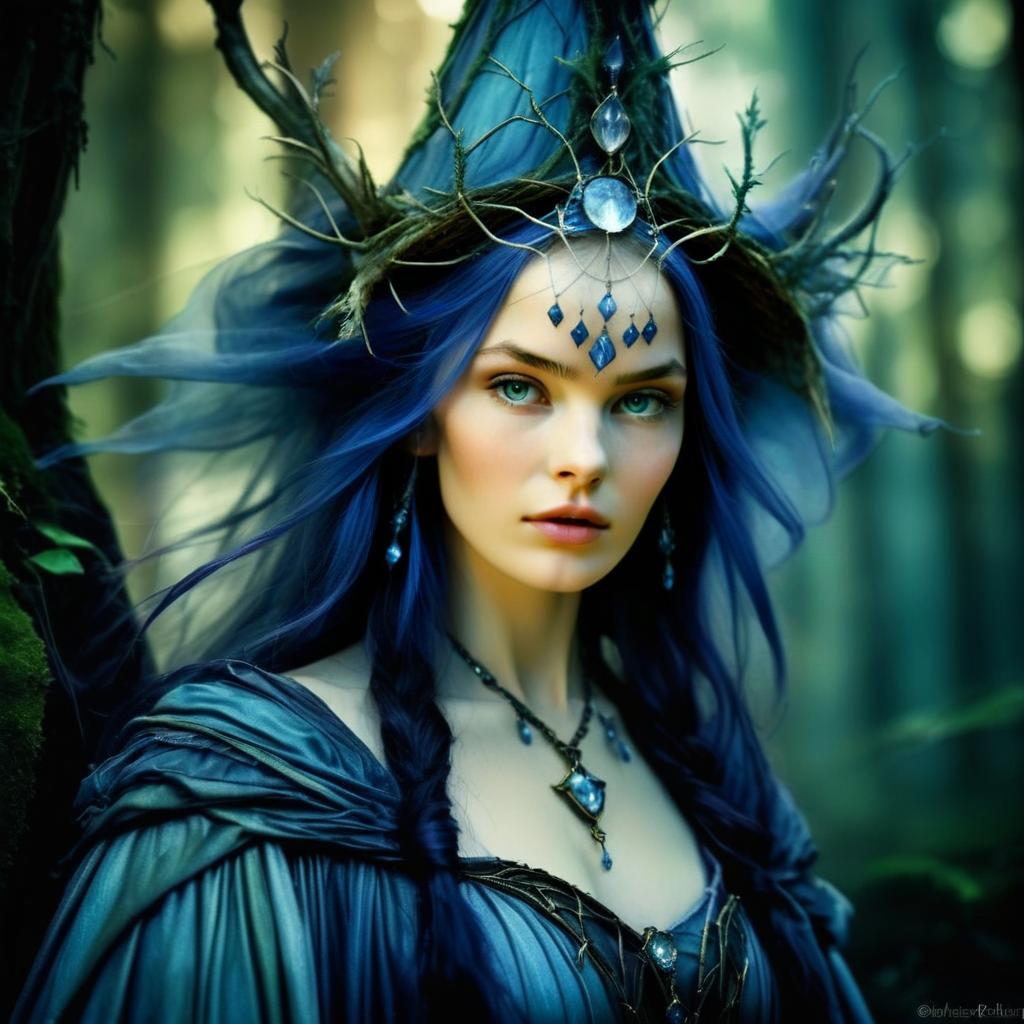 Enchanting Blue-Haired Fantasy Woman in Forest with Gemstone Headdress