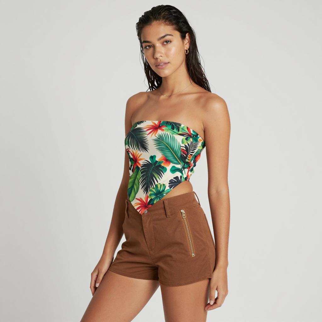Young Woman in Tropical Print Strapless Top and Brown Shorts Summer Style