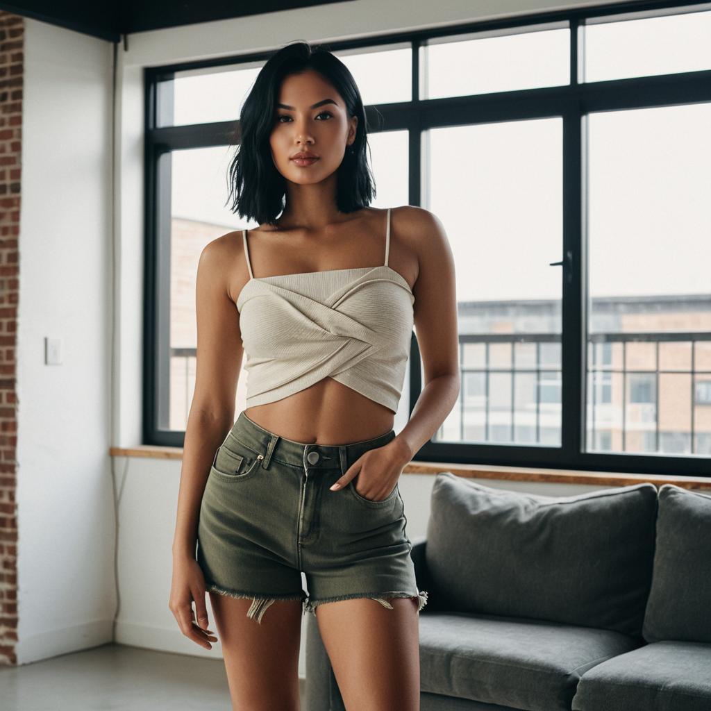 Stylish Woman in Beige Crop Top and Olive Green Denim Shorts in Modern Loft