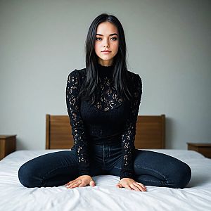 Confident Woman on Bed in Lace Top