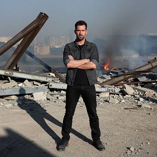 Man Standing Confidently in Urban Ruins with Fire and Smoke Background