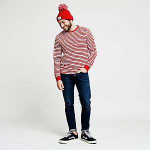 Man Wearing Classic Waldo Costume with Red and White Stripes and Pom-Pom Hat