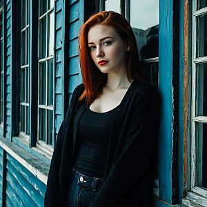 Confident Woman with Red Hair Against Blue Building