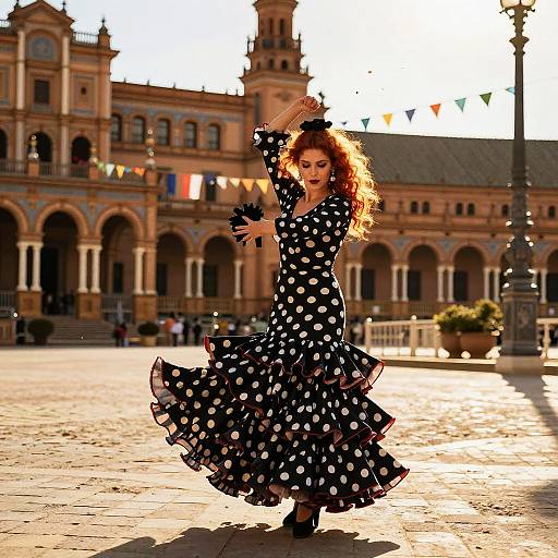 Elegant Woman Dancing Flamenco in Polka Dot Dress at Historic Plaza