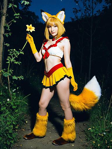 Moonlight Fox Cosplay Woman Holding Yellow Flower Night Forest
