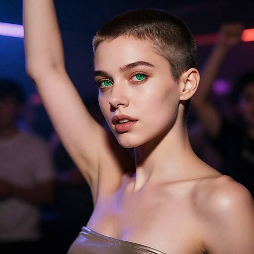 Gen Z Woman with Buzz Cut and Green Eyes in Club Lighting