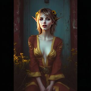 Fantasy Elf Woman in Medieval Dress with Floral Accents