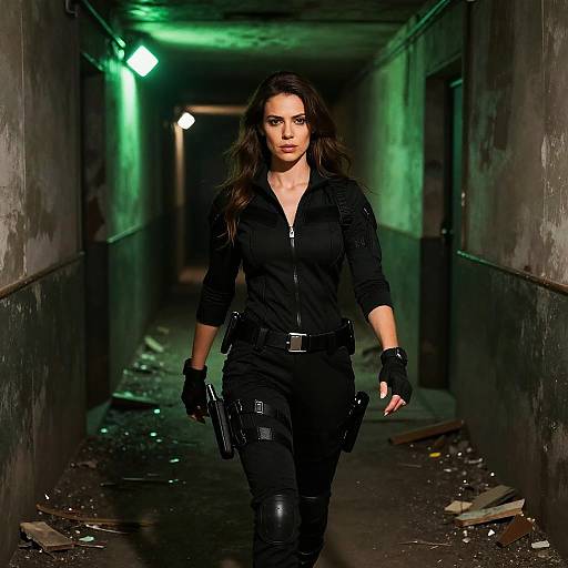Woman in Tactical Gear Walking Through Dark Industrial Corridor
