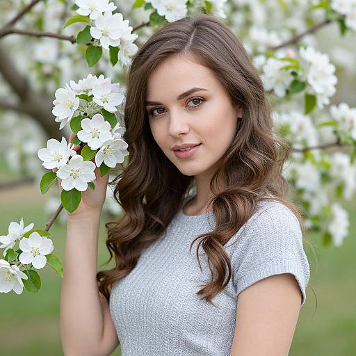Young Woman with Curly Hair Among White Blossoms Outdoors