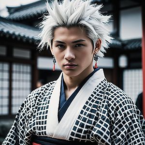 Man with White Spiky Hair in Kimono