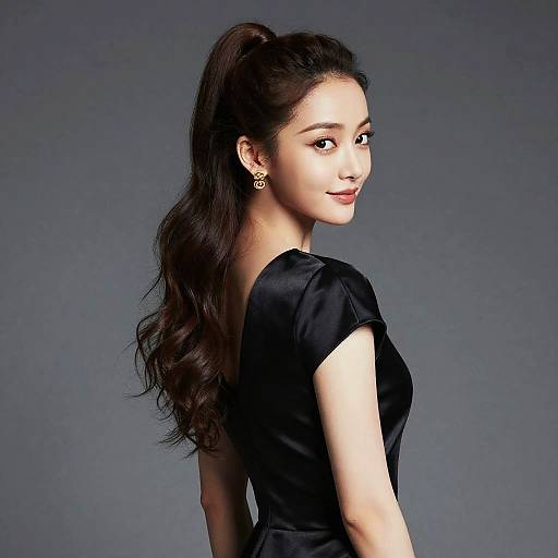 Elegant Young Woman in Black Satin Dress with High Ponytail