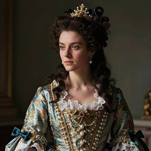 Elegant Woman in 18th Century Rococo Gown with Pearl and Gold Embellishments