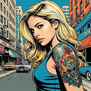 Blonde Woman with Colorful Tattoo in Urban Comic Style Illustration