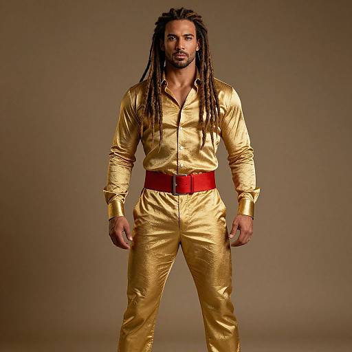 Man in Gold Satin Outfit with Red Belt Poses Confidently