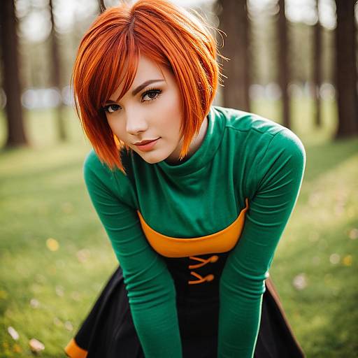 Portrait of Red-Haired Woman in Green and Orange Outfit Outdoors
