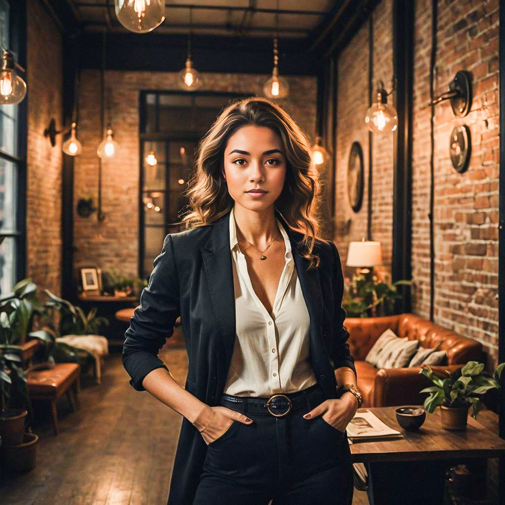 Confident Woman in Stylish Industrial Interior Confident Woman in Stylish Industrial Interior