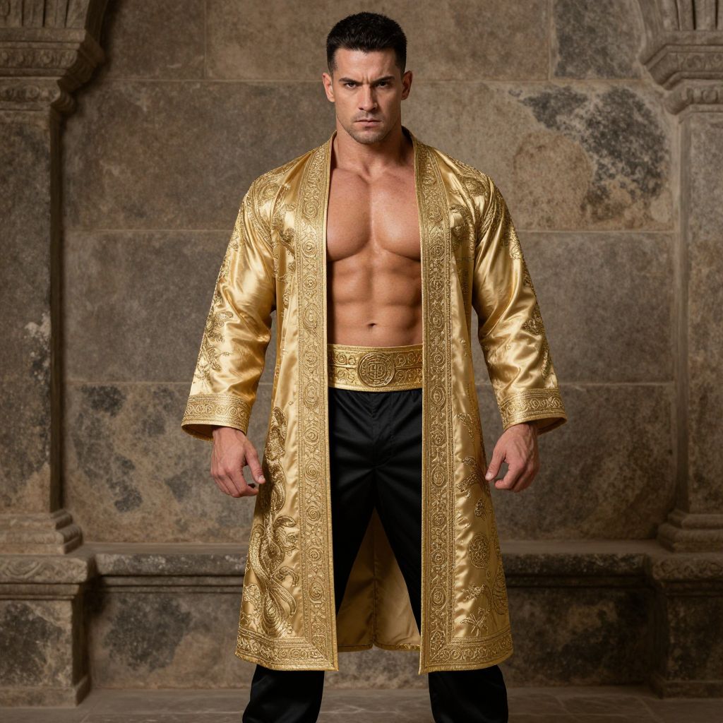 Muscular Man in Embroidered Golden Robe and Black Pants in Historic Stone Setting