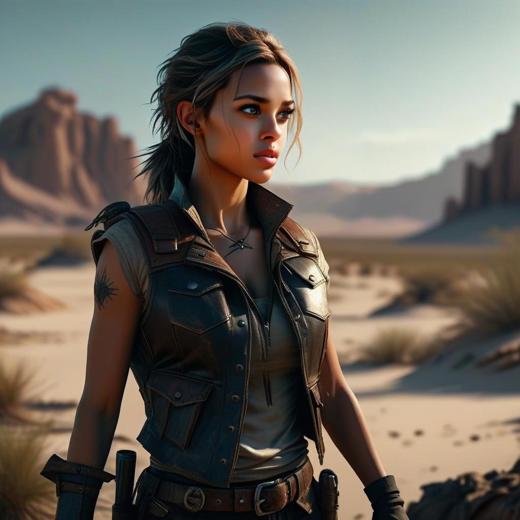 Determined Woman in Tactical Leather Vest on Desert Journey