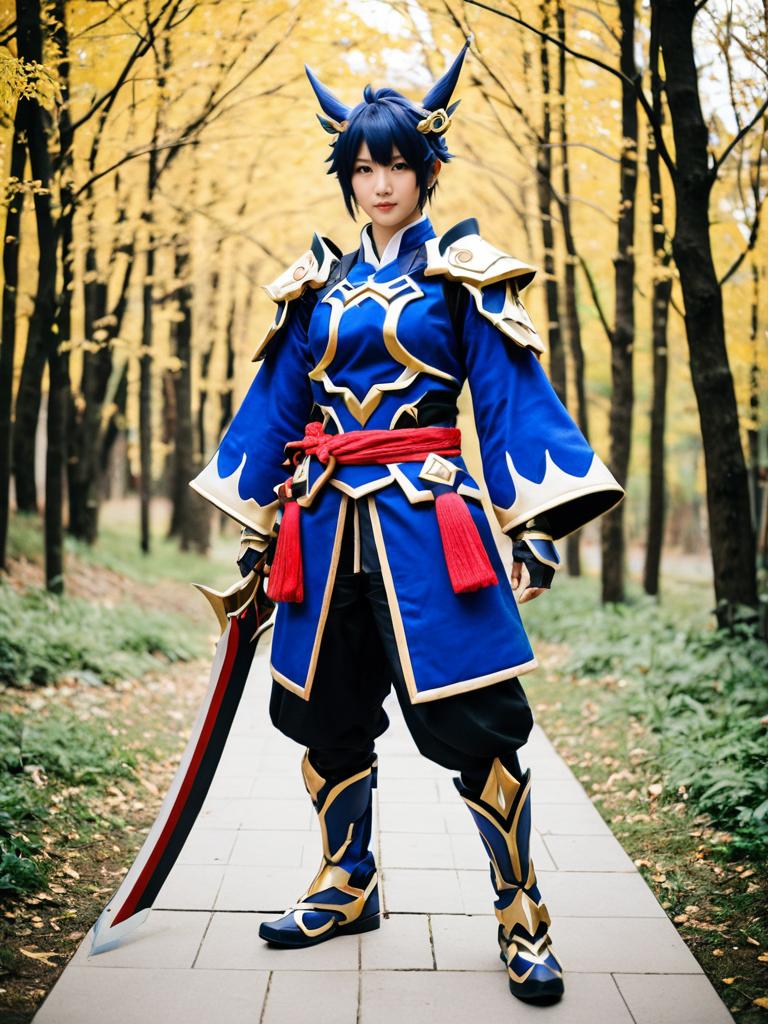 Genshin Impact Cosplay Woman in Blue and Gold Armor with Sword in Autumn Forest