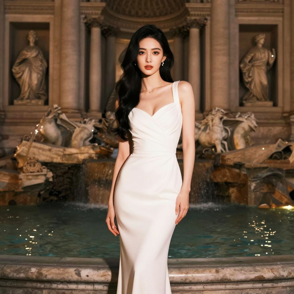 Elegant Woman in White Evening Dress by Classical Fountain